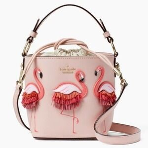 Kate Spade Leather Flamingo Fringe Bucket Bag Small Pink Crossbody Handbag